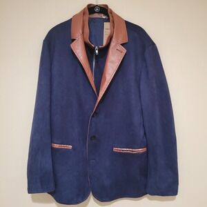 Manly Mens Navy Blue Cotton Linen Blazer Jacket Faux Leather Collar Trim NWT